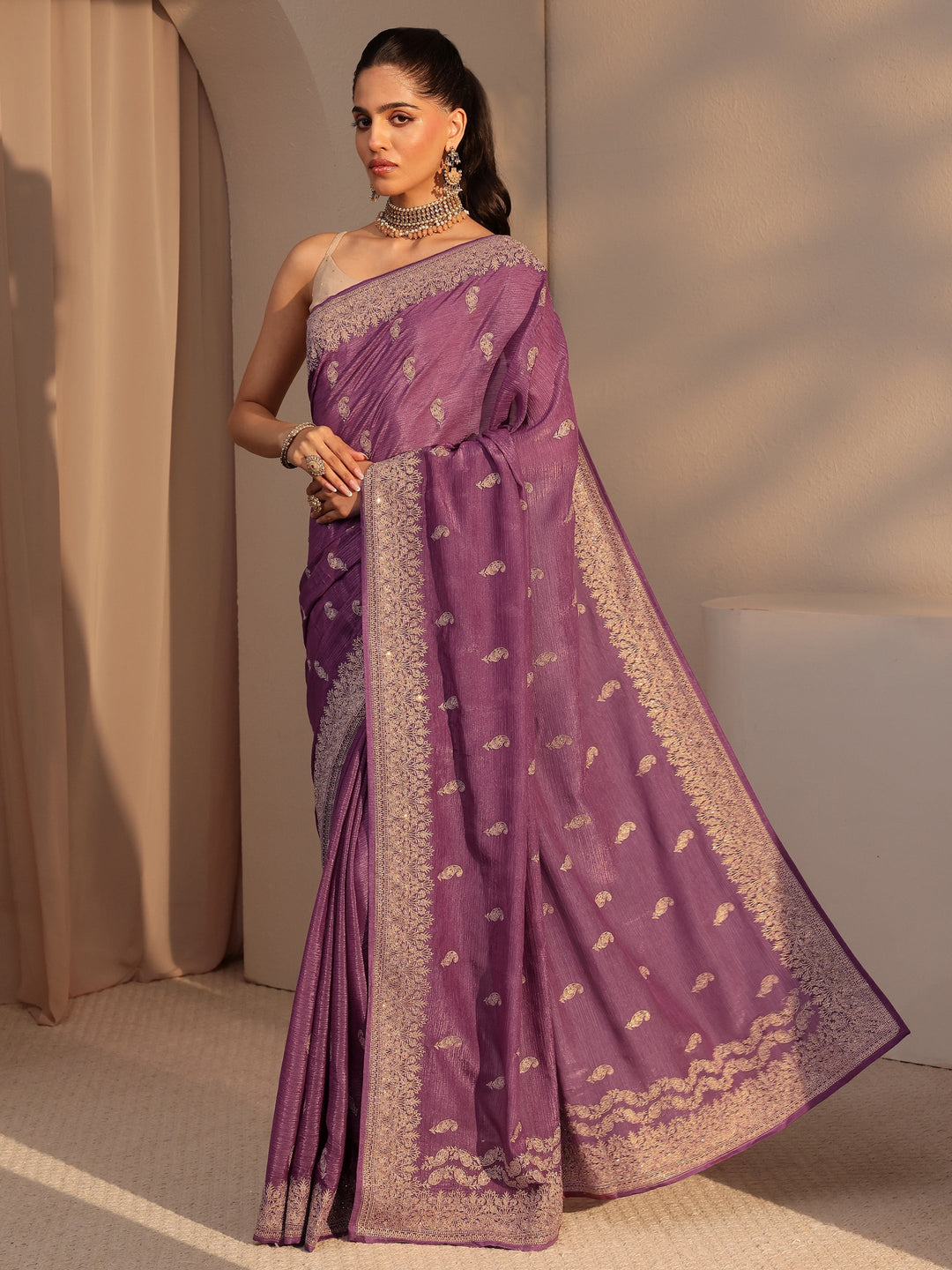 Libas Mauve Ethnic Embroidered Chiffon Saree