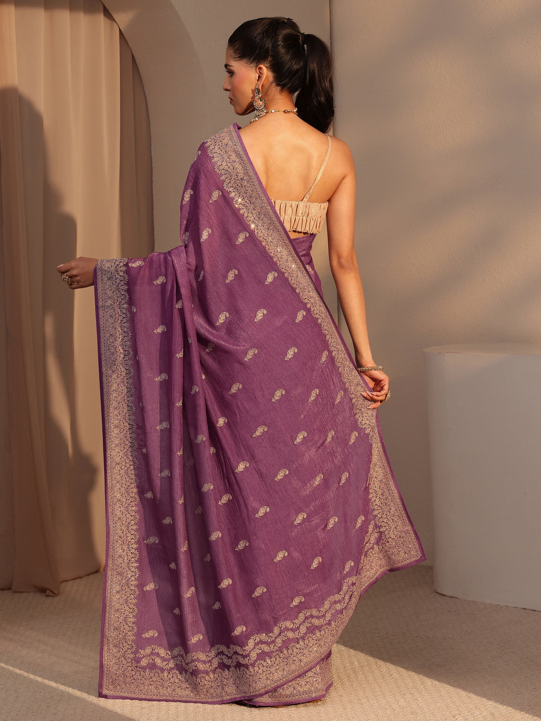 Libas Mauve Ethnic Embroidered Chiffon Saree