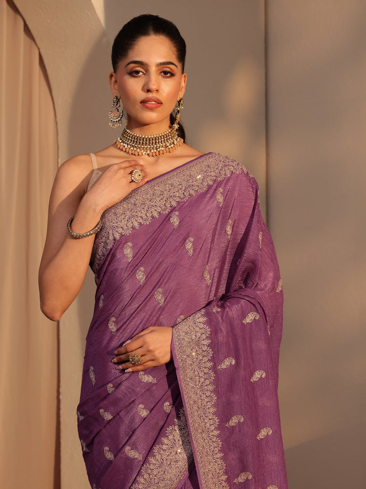 Libas Mauve Ethnic Embroidered Chiffon Saree