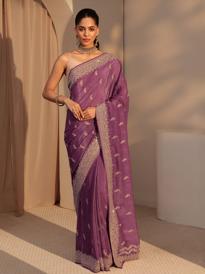 Libas Mauve Ethnic Embroidered Chiffon Saree