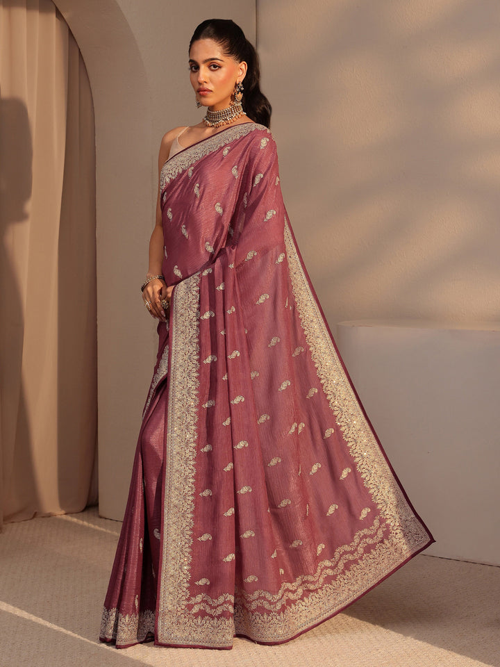 Libas Rust Ethnic Embroidered Chiffon Saree