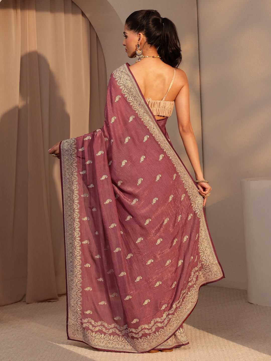 Libas Rust Ethnic Embroidered Chiffon Saree