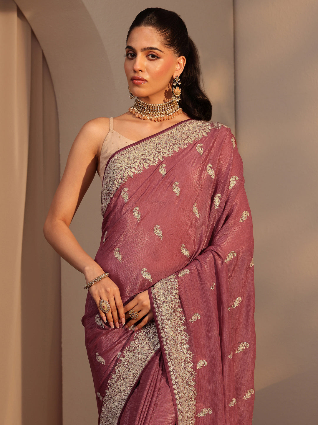 Libas Rust Ethnic Embroidered Chiffon Saree