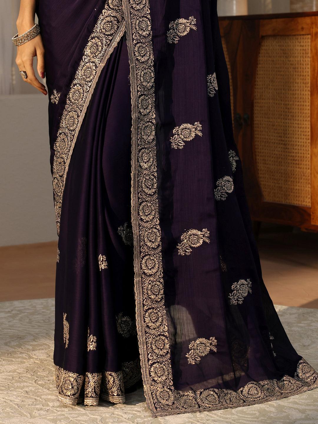 Purple Floral Embroidered Chiffon Saree