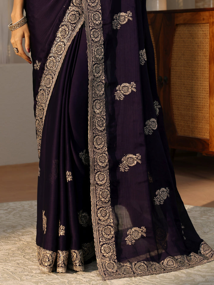 Purple Floral Embroidered Chiffon Saree