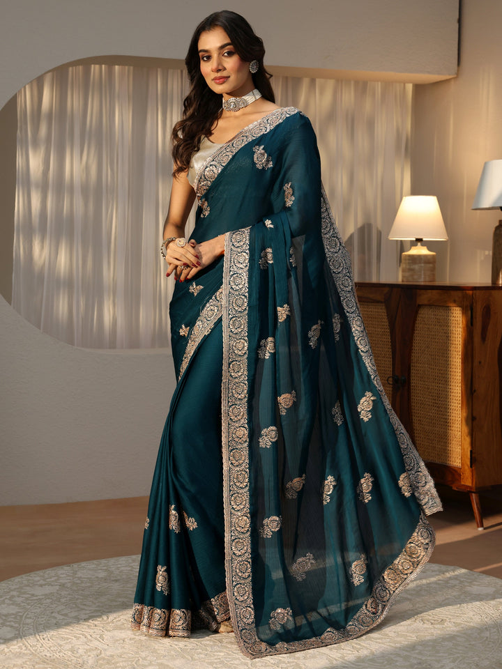 Peacock Blue Floral Embroidered Chiffon Saree