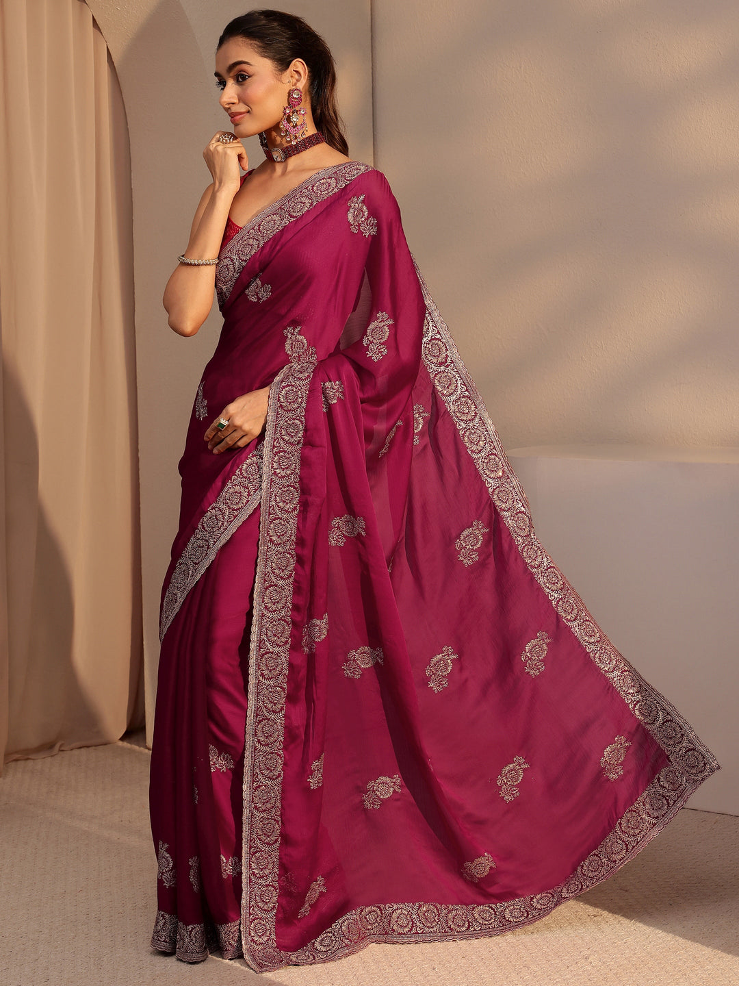 Libas Rani Pink Floral Embroidered Chiffon Saree