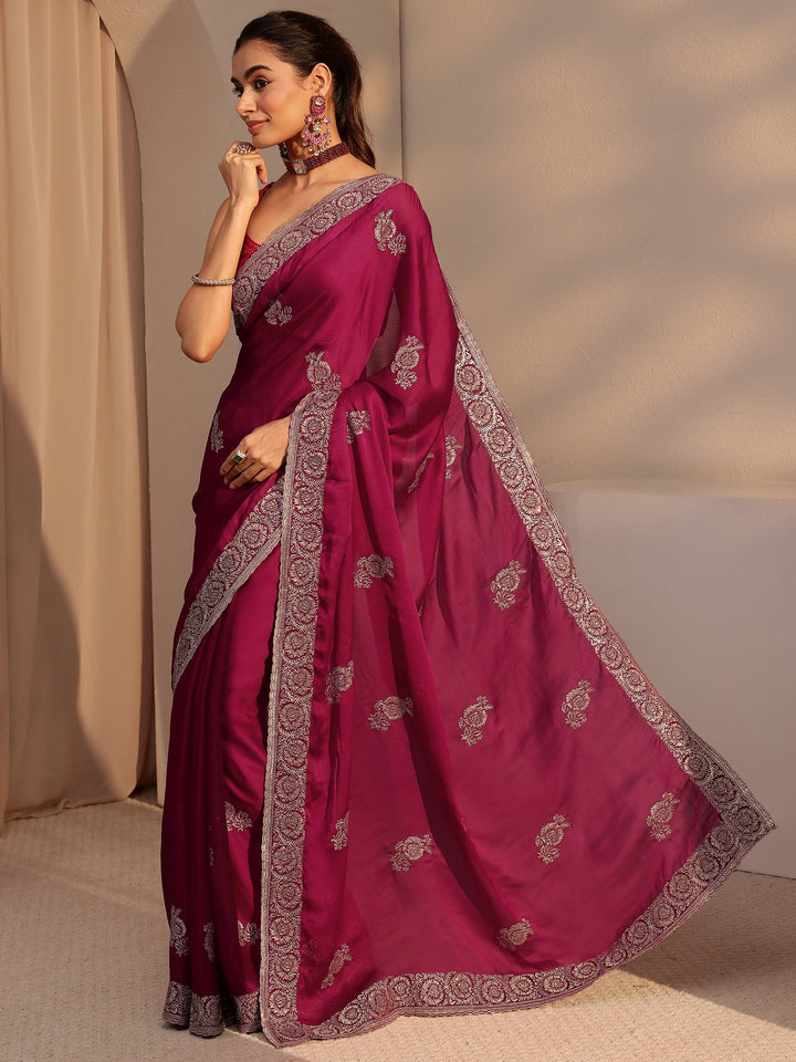 Libas Rani Pink Floral Embroidered Chiffon Saree