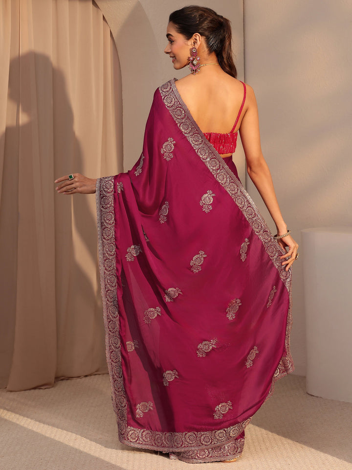 Libas Rani Pink Floral Embroidered Chiffon Saree