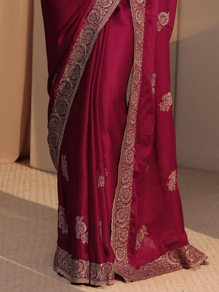 Libas Rani Pink Floral Embroidered Chiffon Saree