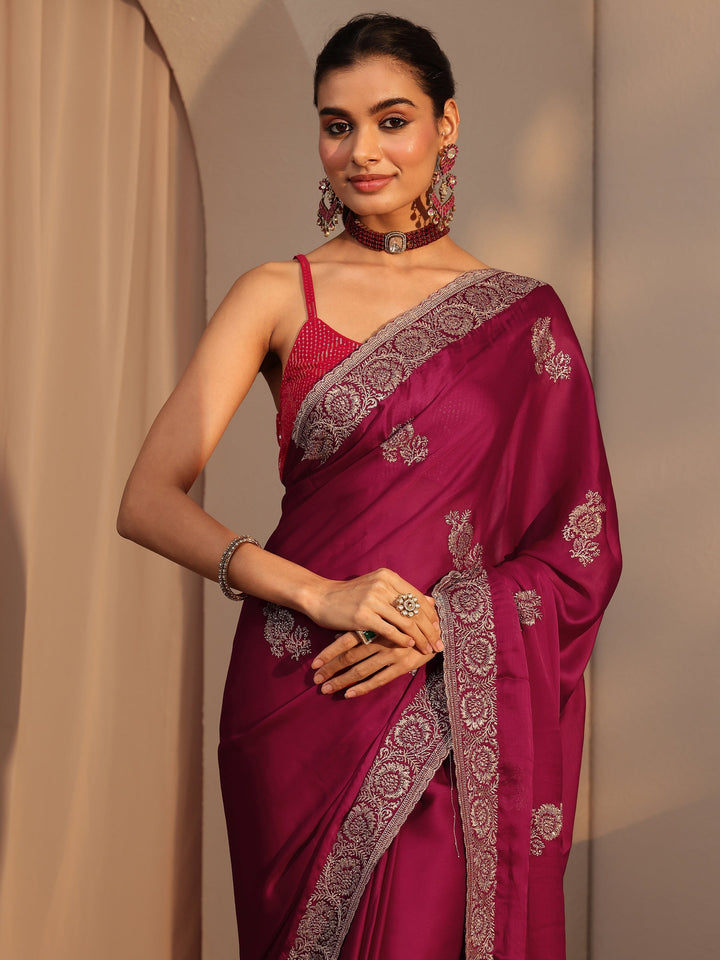 Libas Rani Pink Floral Embroidered Chiffon Saree