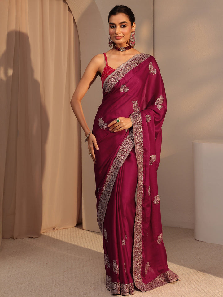 Libas Rani Pink Floral Embroidered Chiffon Saree