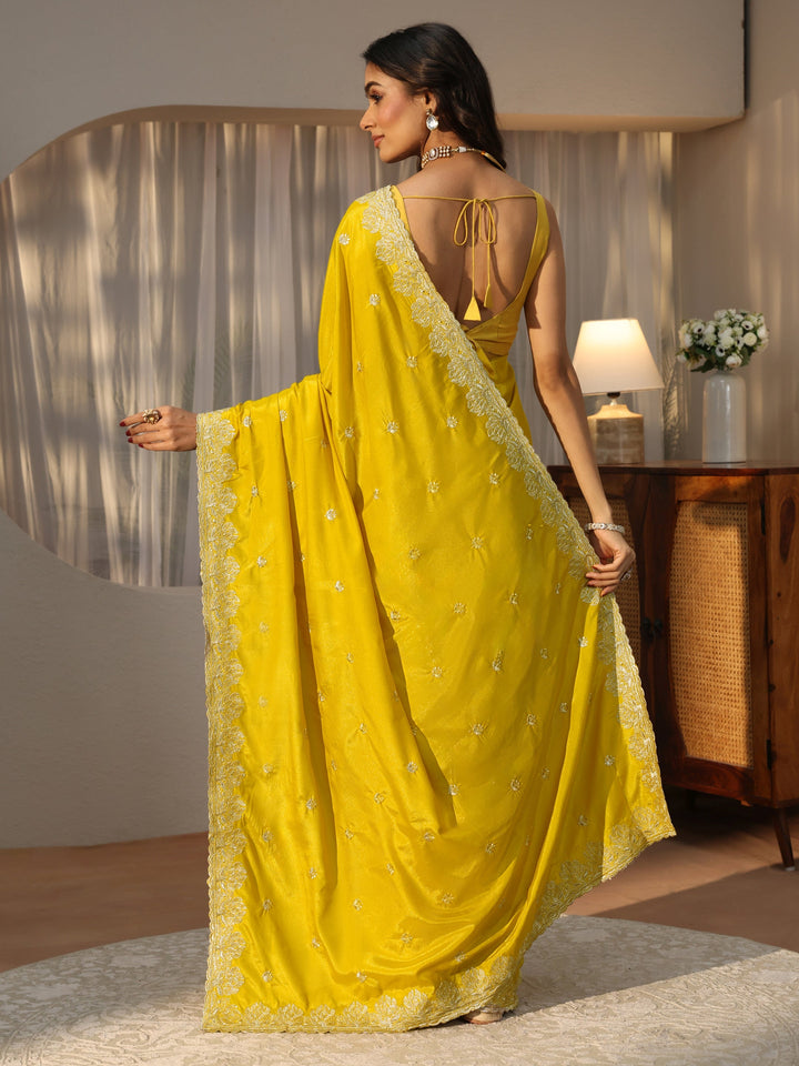 Mustard Floral Embroidered Satin Saree
