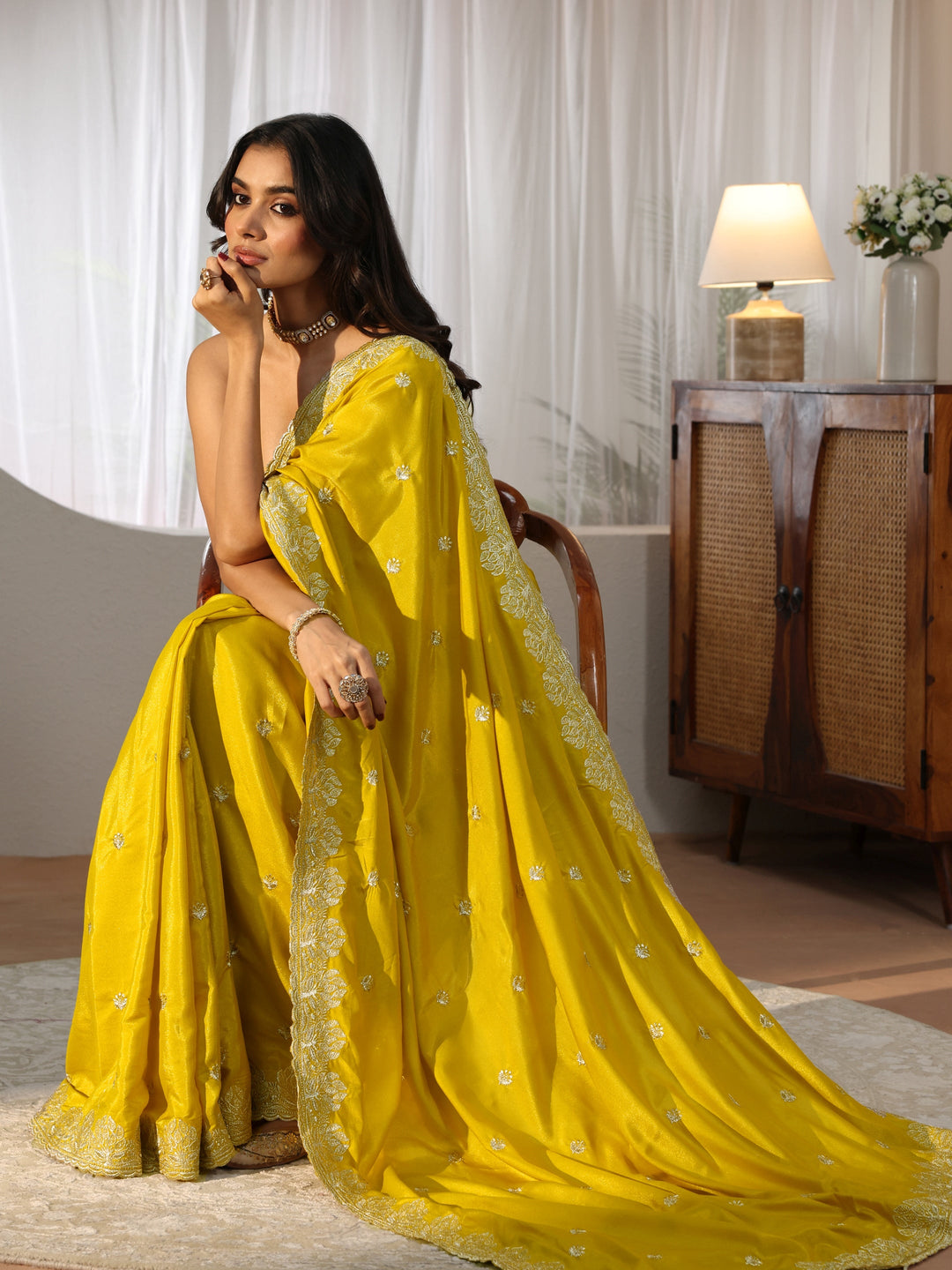 Mustard Floral Embroidered Satin Saree