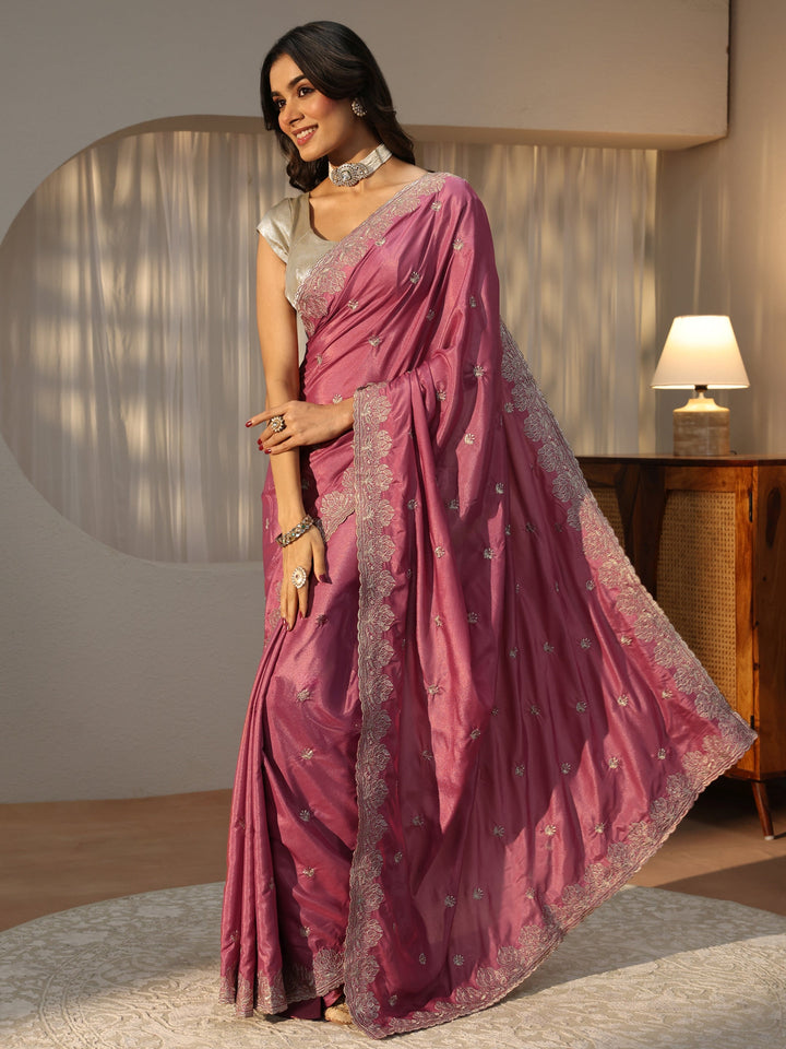 Mauve Floral Embroidered Satin Saree