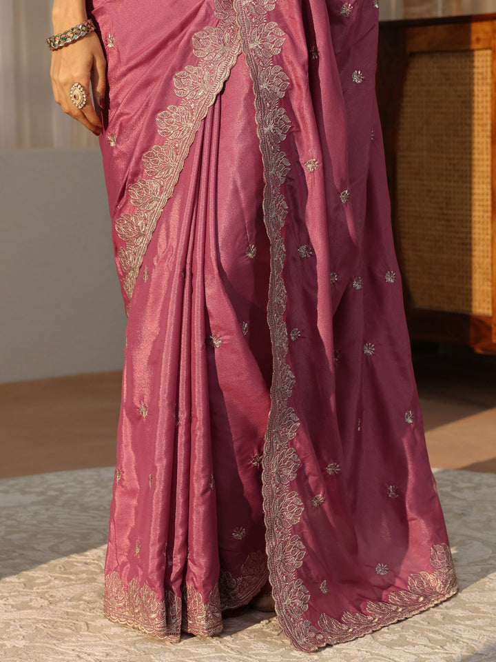 Mauve Floral Embroidered Satin Saree