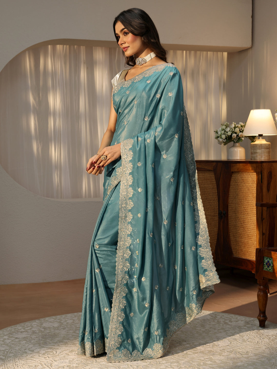 Dusty Blue Floral Embroidered Satin Saree