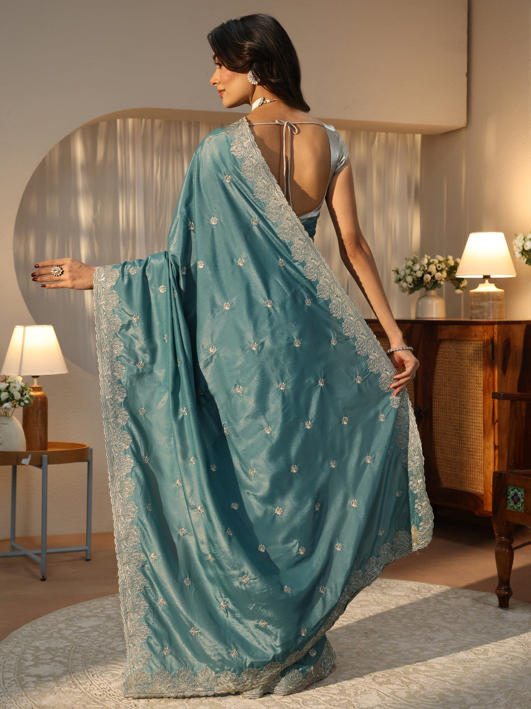 Dusty Blue Floral Embroidered Satin Saree
