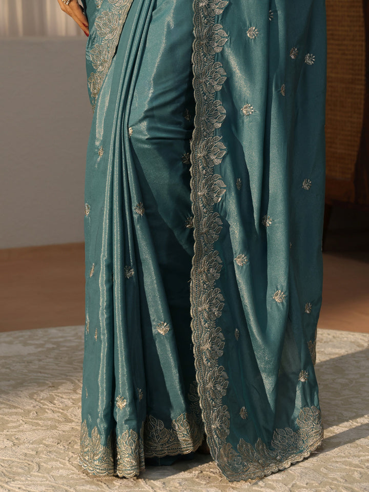 Dusty Blue Floral Embroidered Satin Saree