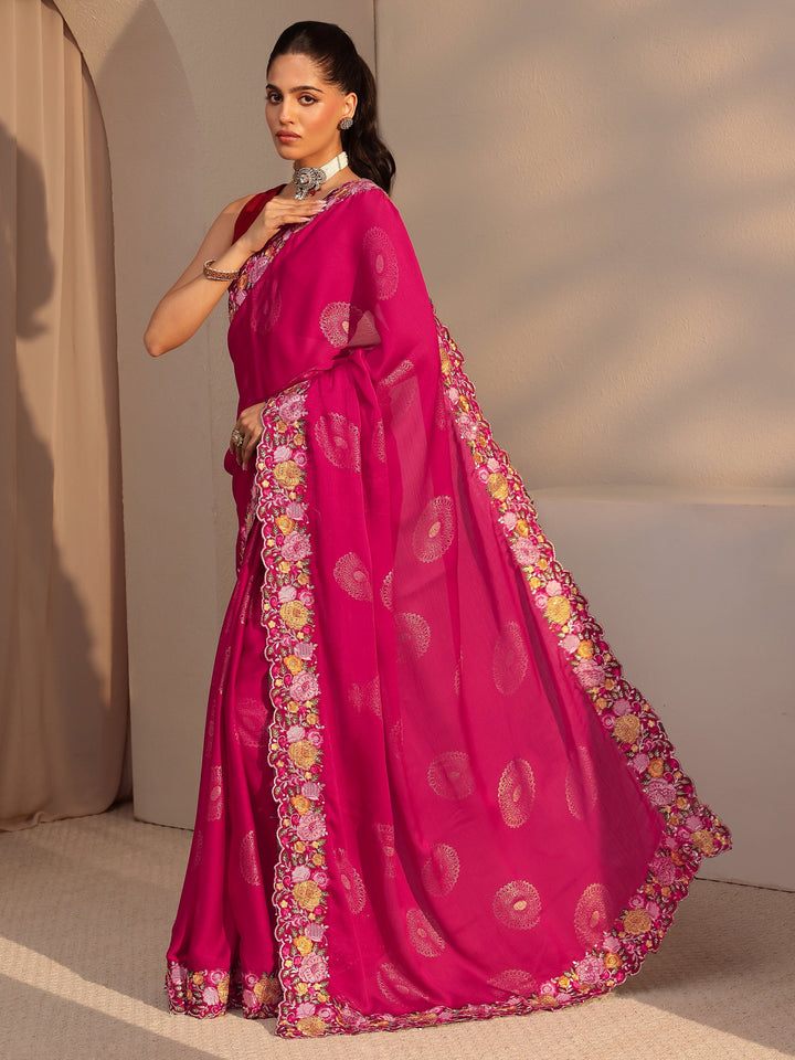 Libas Fuchsia Pink Chiffon Saree with Floral Border