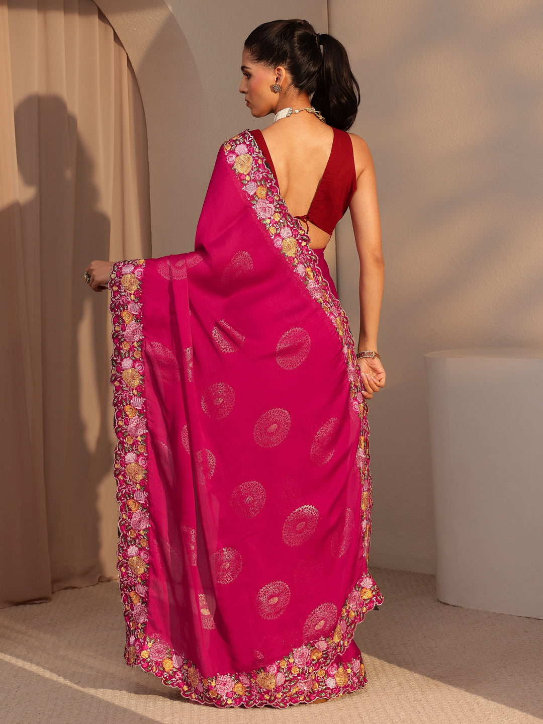 Libas Fuchsia Pink Chiffon Saree with Floral Border