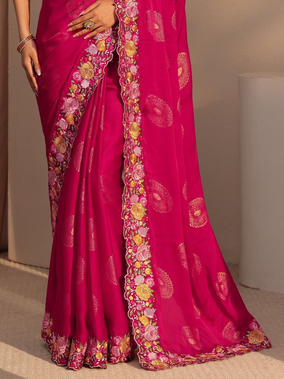 Libas Fuchsia Pink Chiffon Saree with Floral Border