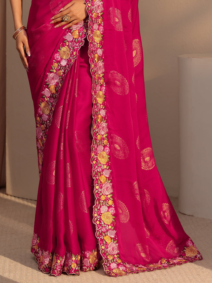 Libas Fuchsia Pink Chiffon Saree with Floral Border