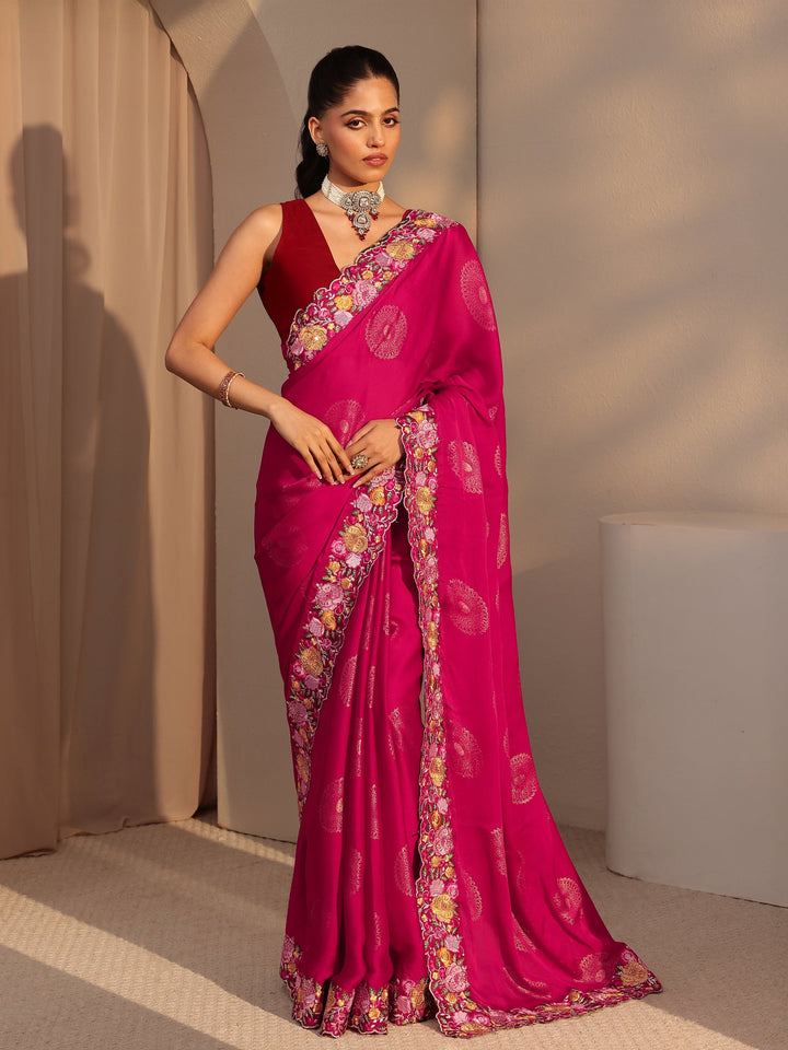 Libas Fuchsia Pink Chiffon Saree with Floral Border