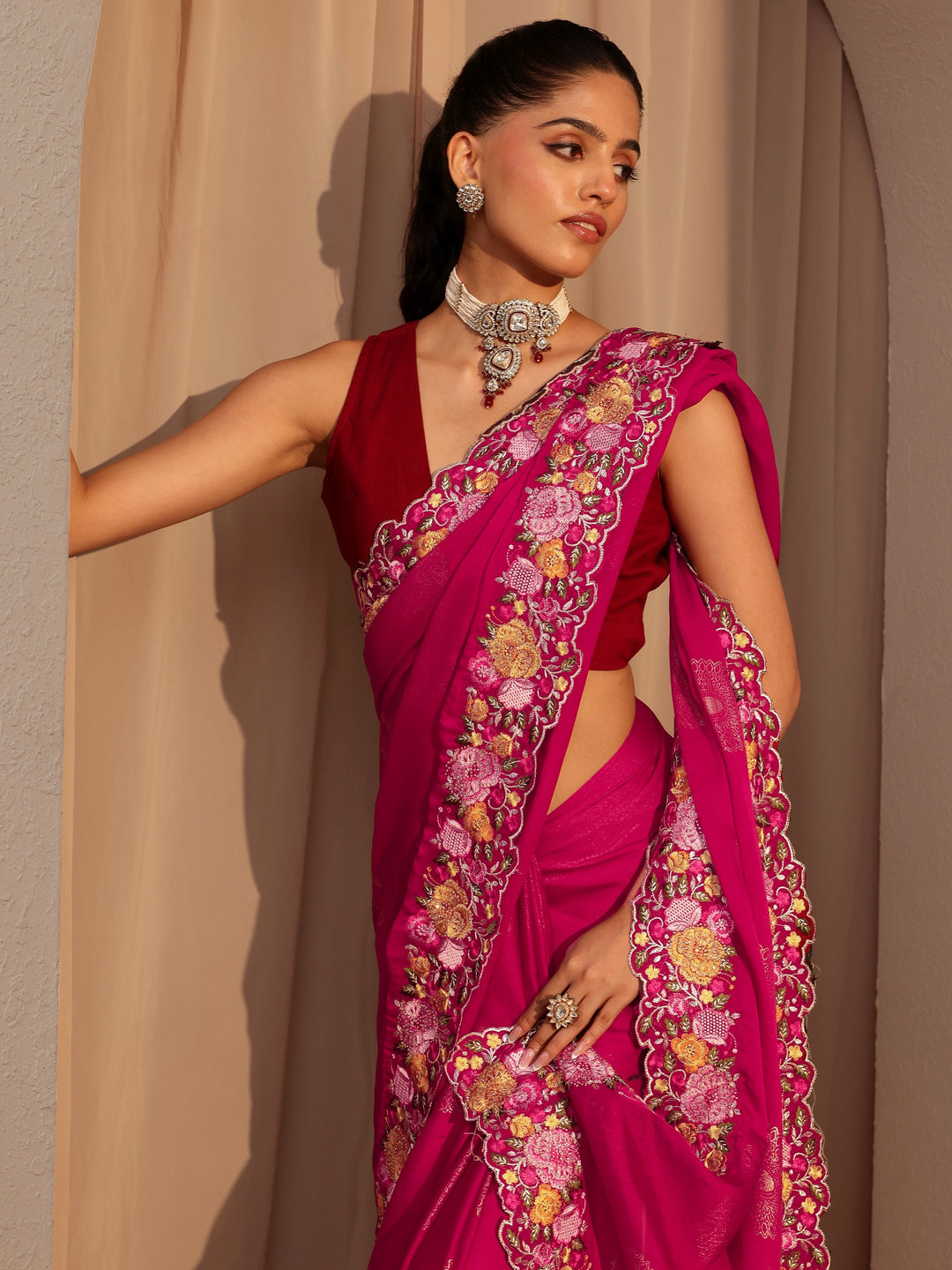 Libas Fuchsia Pink Chiffon Saree with Floral Border