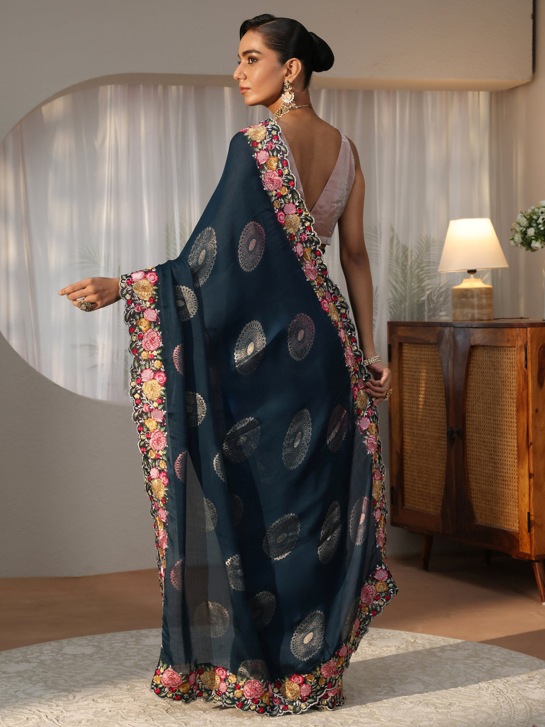 Navy Blue Printed Chiffon Saree with Floral Border