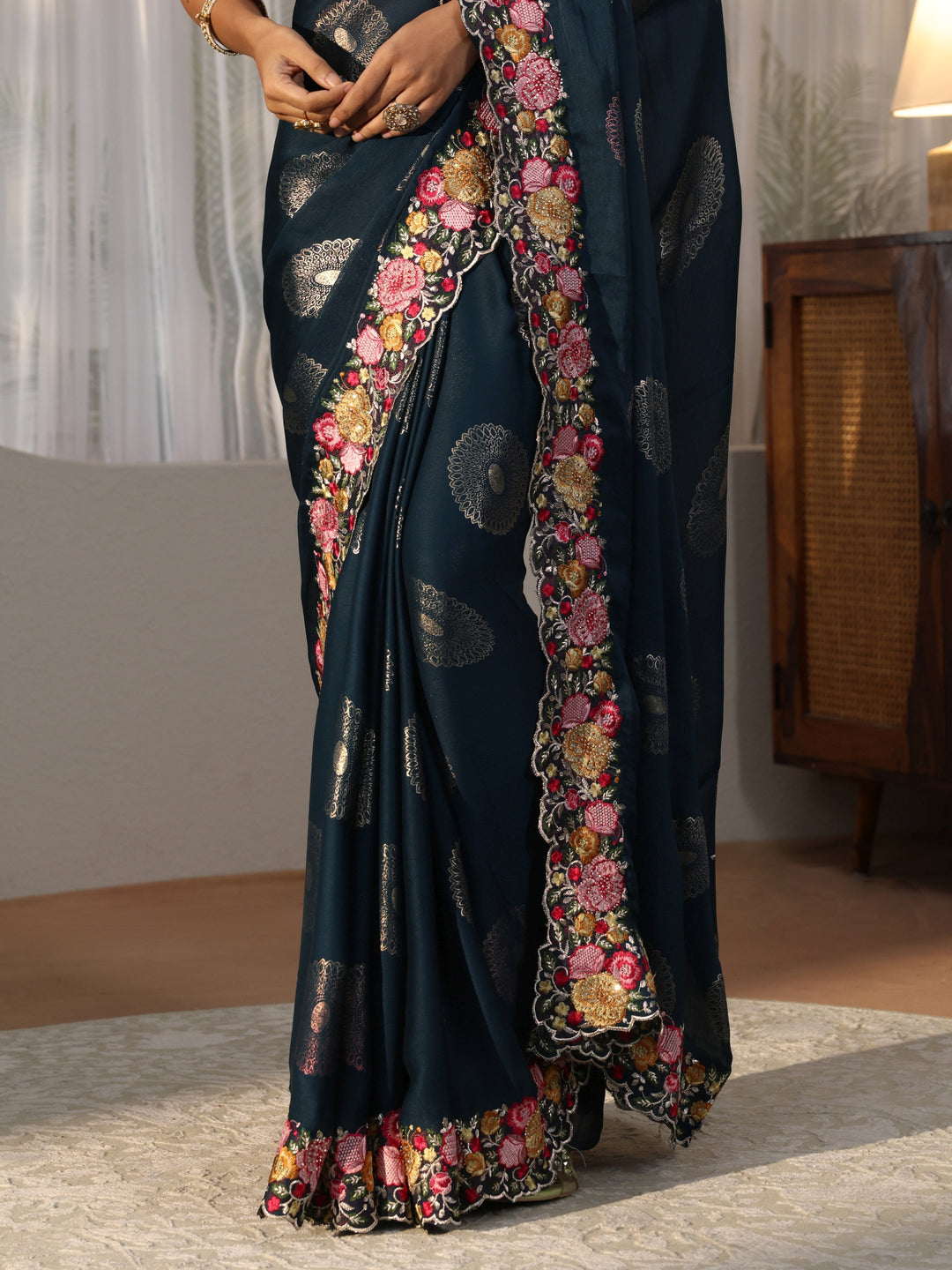 Navy Blue Printed Chiffon Saree with Floral Border