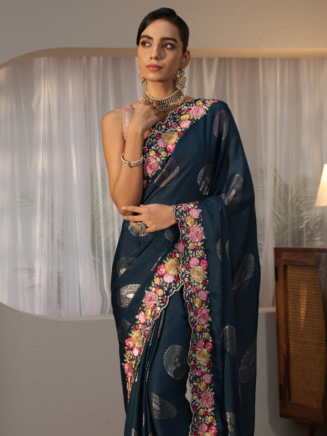 Navy Blue Printed Chiffon Saree with Floral Border