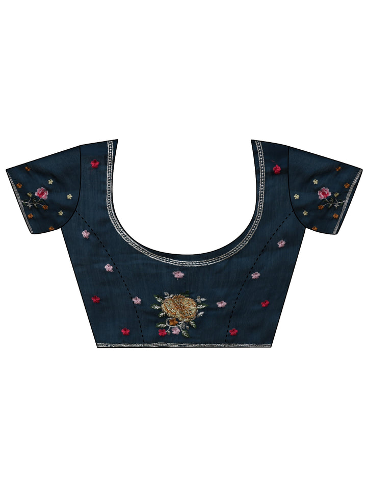 Navy Blue Printed Chiffon Saree with Floral Border