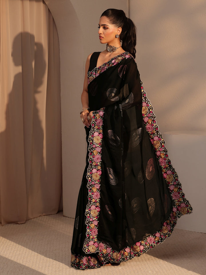 Libas Black Chiffon Saree with Floral Border