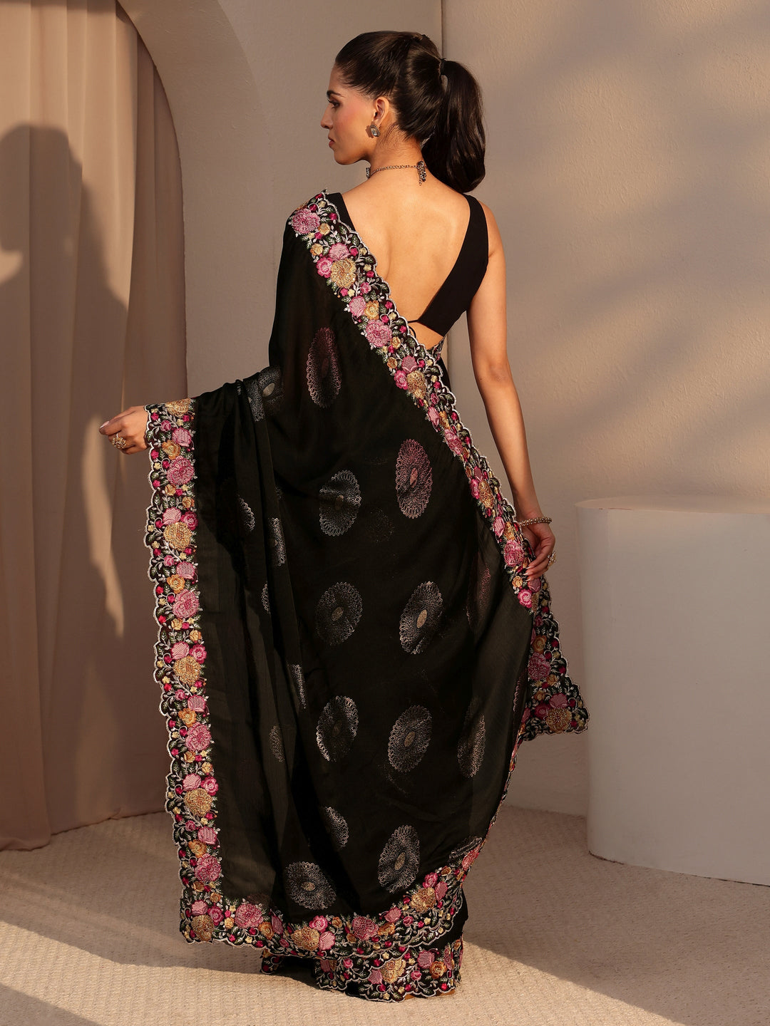 Libas Black Chiffon Saree with Floral Border