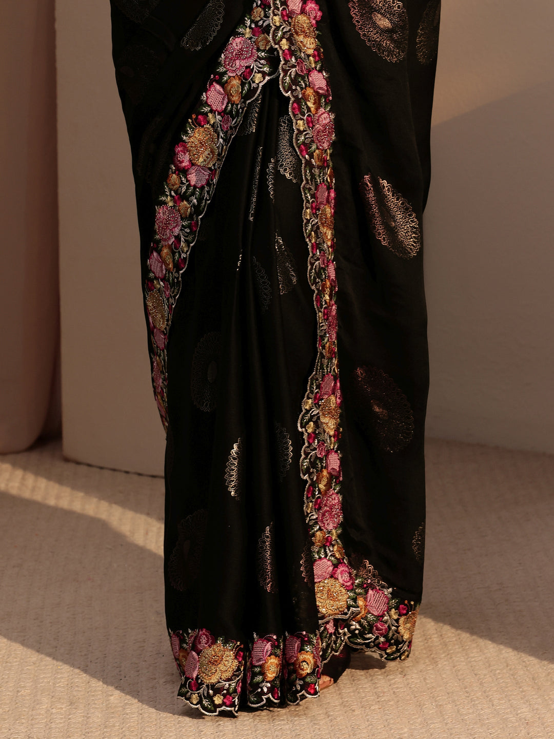 Libas Black Chiffon Saree with Floral Border
