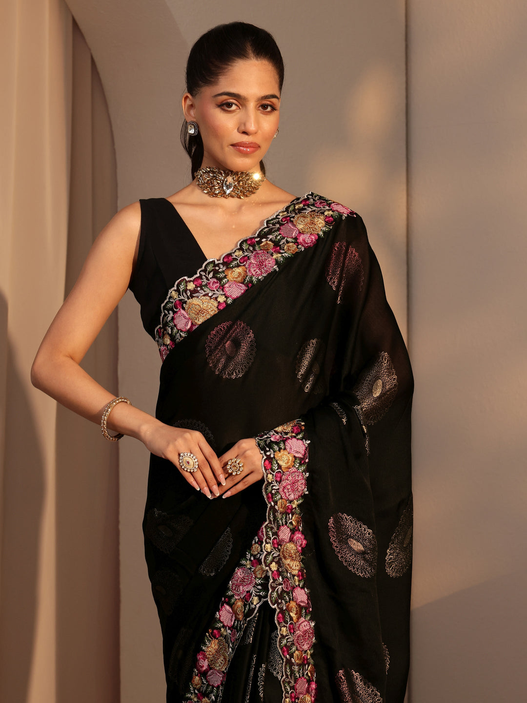 Libas Black Chiffon Saree with Floral Border