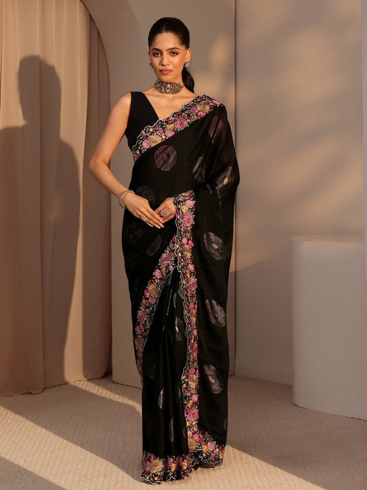 Libas Black Chiffon Saree with Floral Border