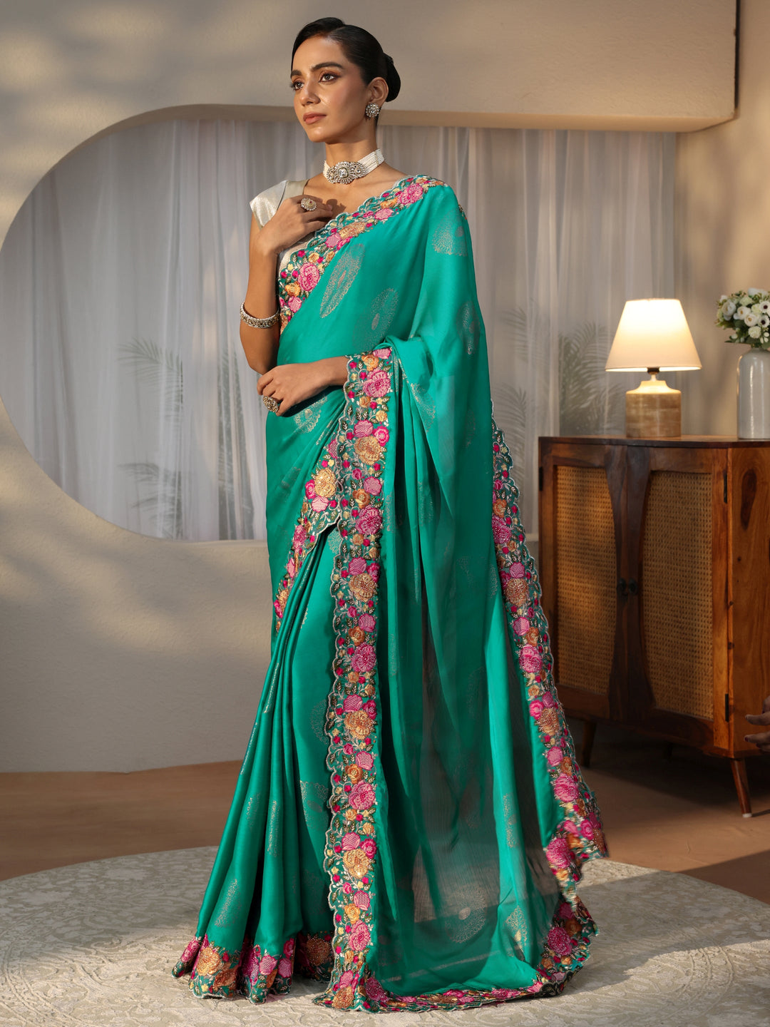 Teal Blue Printed Chiffon Saree with Floral Border