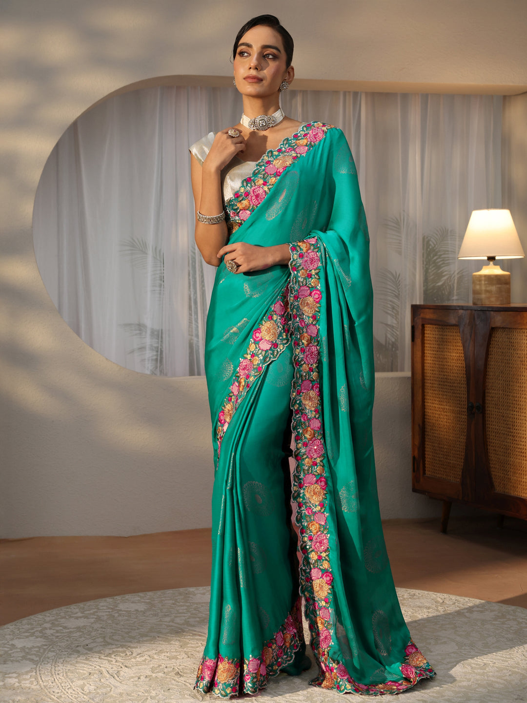Teal Blue Printed Chiffon Saree with Floral Border