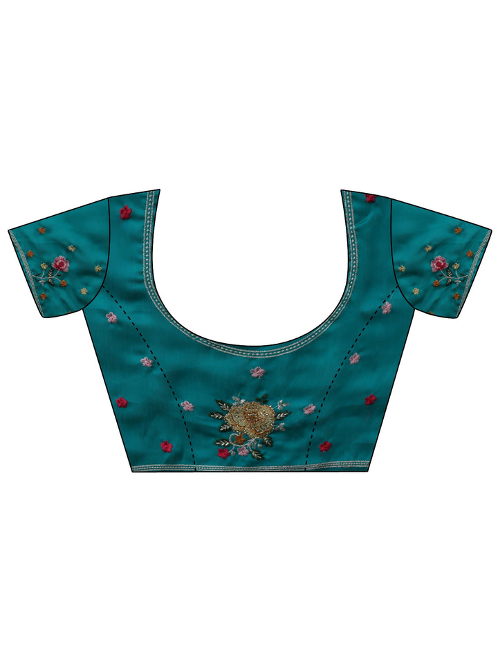 Teal Blue Printed Chiffon Saree with Floral Border
