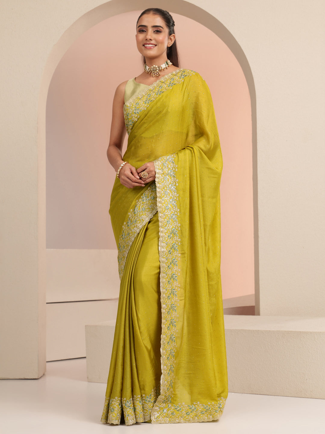Libas Mustard Embellished Chiffon Saree with Floral Border