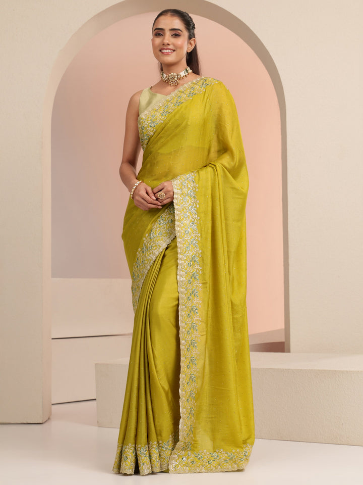 Libas Mustard Embellished Chiffon Saree with Floral Border
