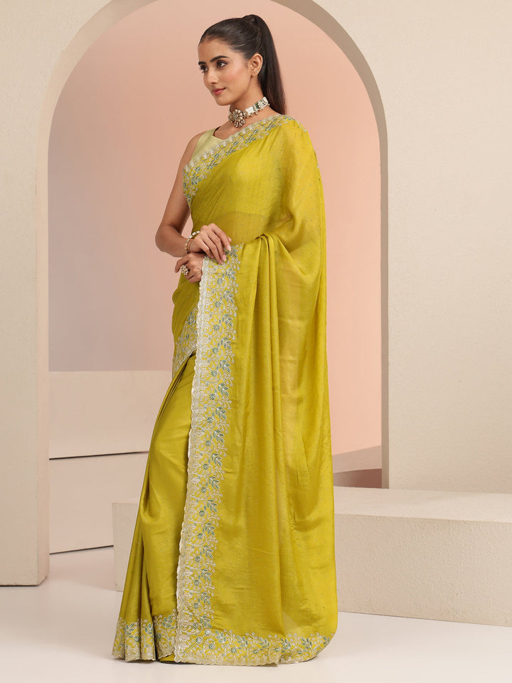 Libas Mustard Embellished Chiffon Saree with Floral Border
