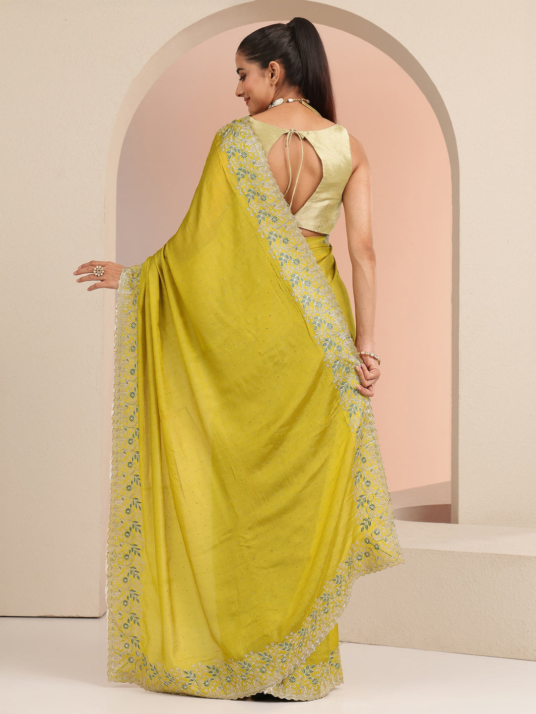 Libas Mustard Embellished Chiffon Saree with Floral Border