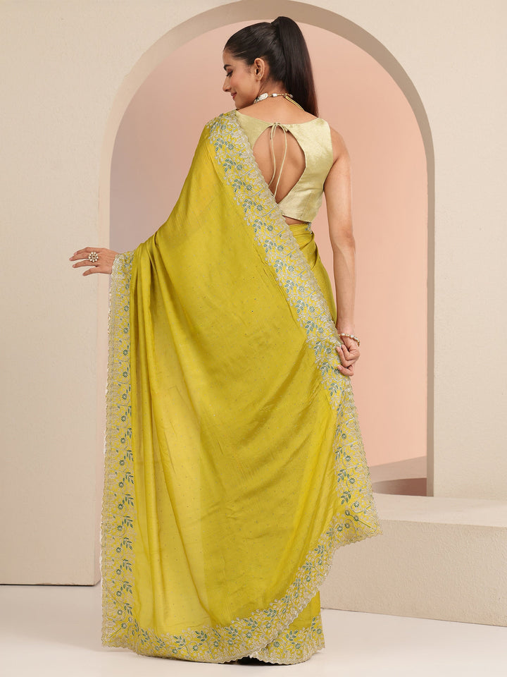 Libas Mustard Embellished Chiffon Saree with Floral Border