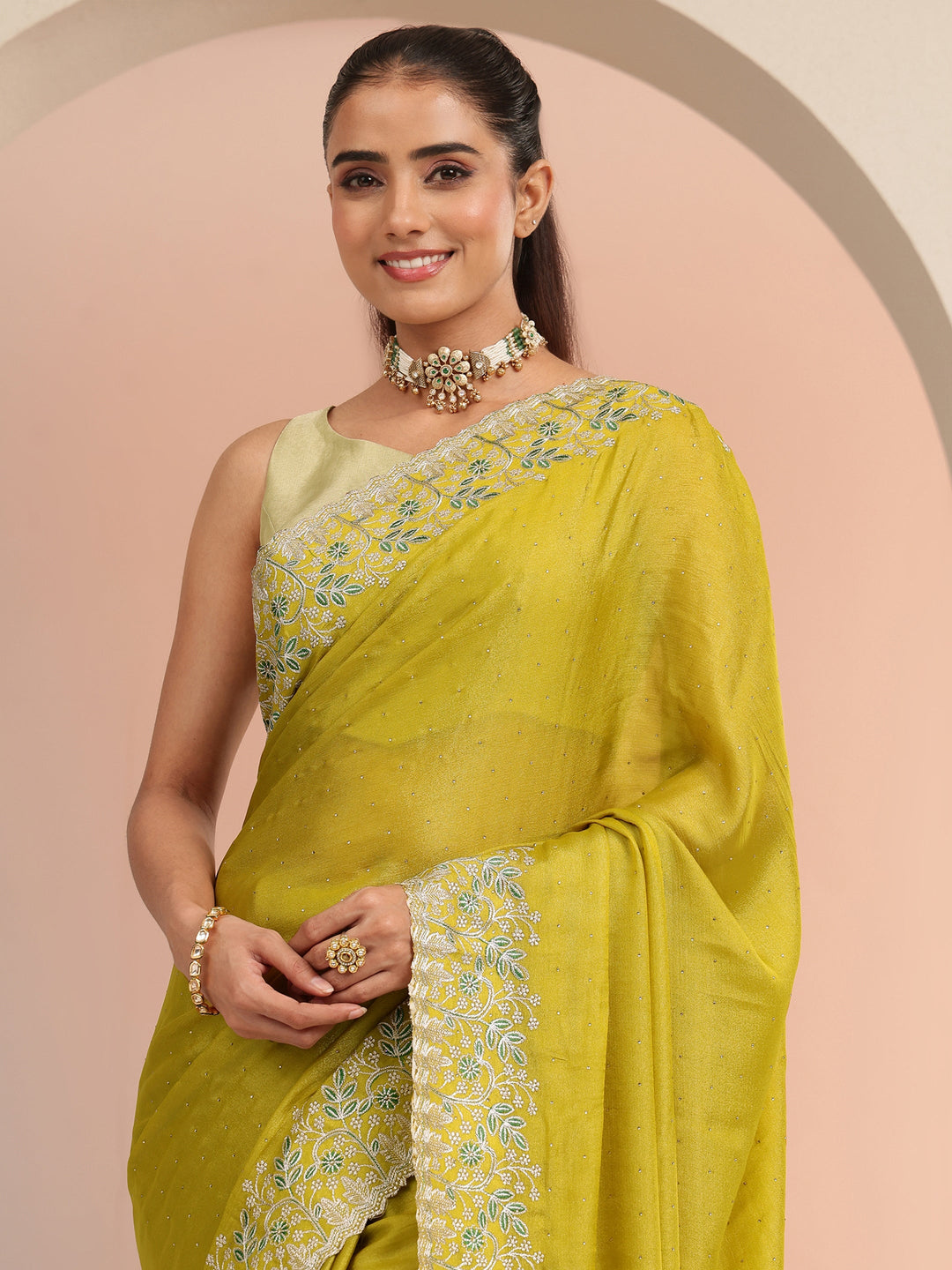Libas Mustard Embellished Chiffon Saree with Floral Border