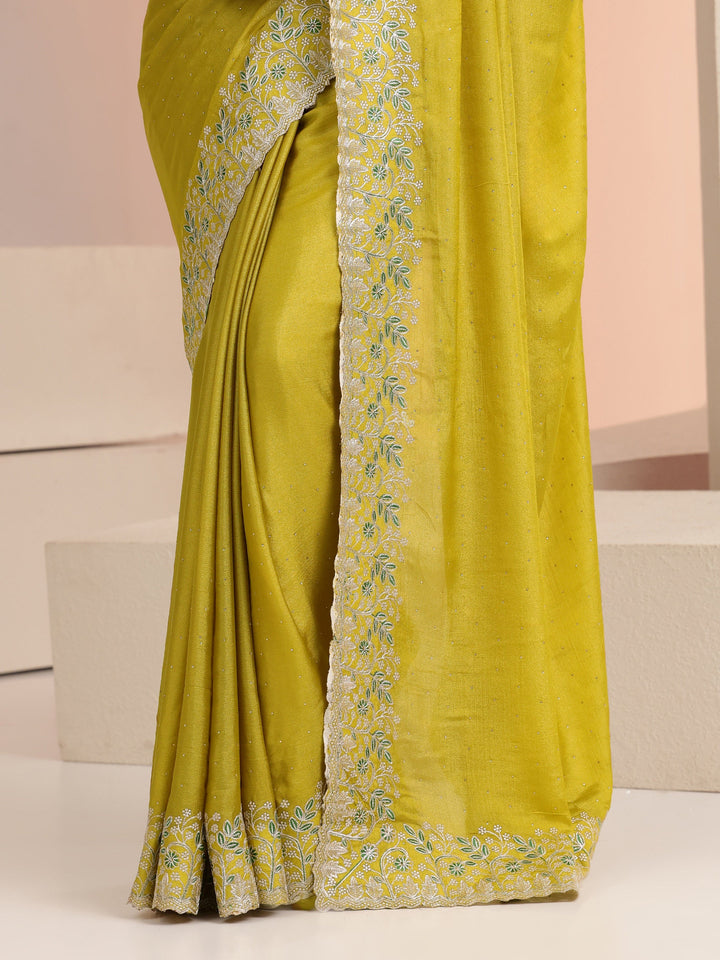 Libas Mustard Embellished Chiffon Saree with Floral Border