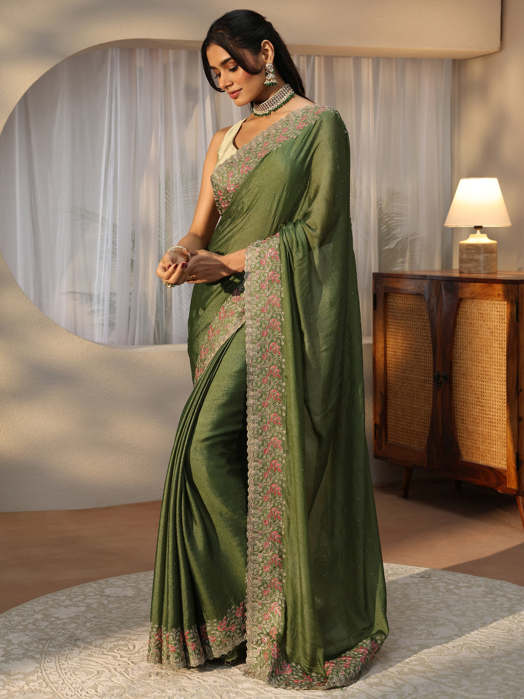 Olive Green Embellished Chiffon Saree