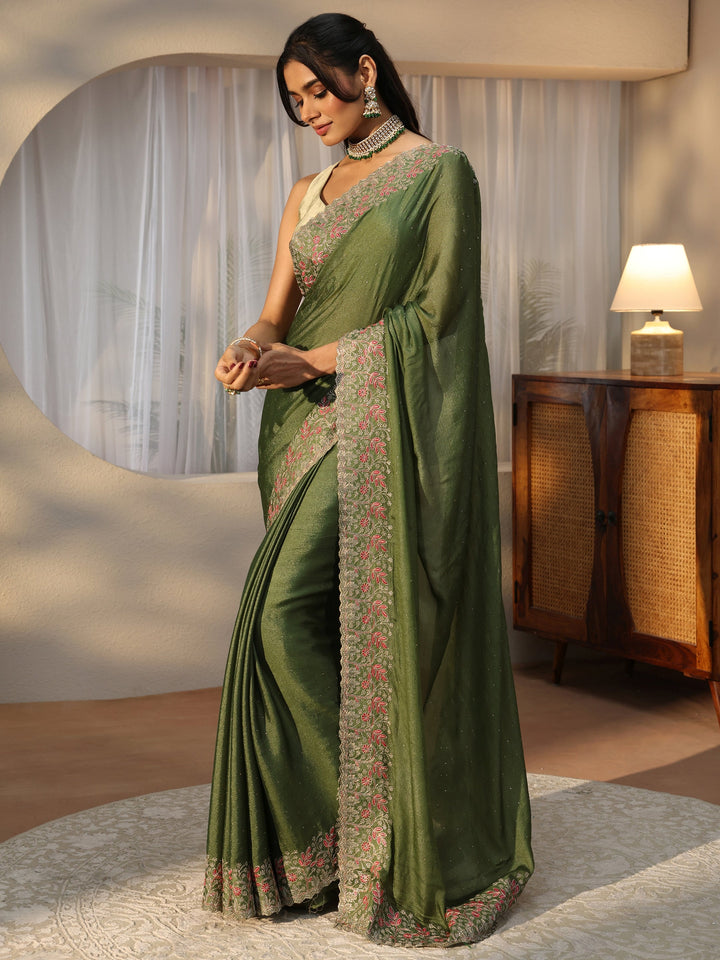 Olive Green Embellished Chiffon Saree